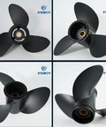 Eleven Point Seven Five Inch Diameter Seventeen Pitch Aluminum Boat Propeller Three Blade Right Hand Rotation Thirteen Spline Rubber Hub OEM For Forty To Fifty Five HP Outboard Stern Drives Compatible With BRP Johnson Evinrude OMC, showing multiple angles of the 3-blade design