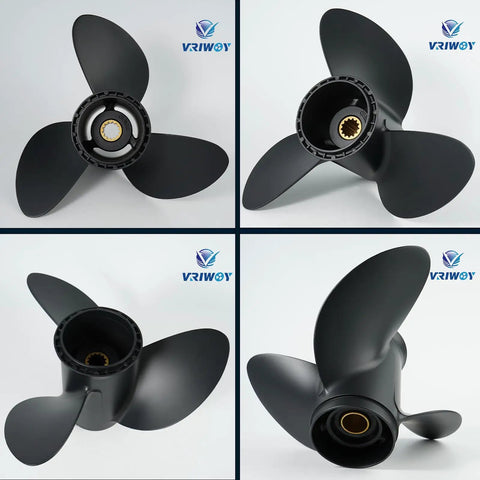 Eleven Point Seven Five Inch Diameter Seventeen Pitch Aluminum Boat Propeller Three Blade Right Hand Rotation Thirteen Spline Rubber Hub OEM For Forty To Fifty Five HP Outboard Stern Drives Compatible With BRP Johnson Evinrude OMC, showing multiple angles of the 3-blade design