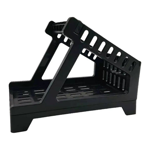 Real Deal Label Roll Organizer Desk Stand For Thermal Printers And Fan Fold Stickers Rack, side view of black steel construction.