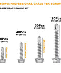 150 Piece Self Drilling Screws Set For Metal Wood Plastic 410 Stainless Steel Self Tapping TEK Screws In Four Sizes display