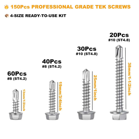 150 Piece Self Drilling Screws Set For Metal Wood Plastic 410 Stainless Steel Self Tapping TEK Screws In Four Sizes display