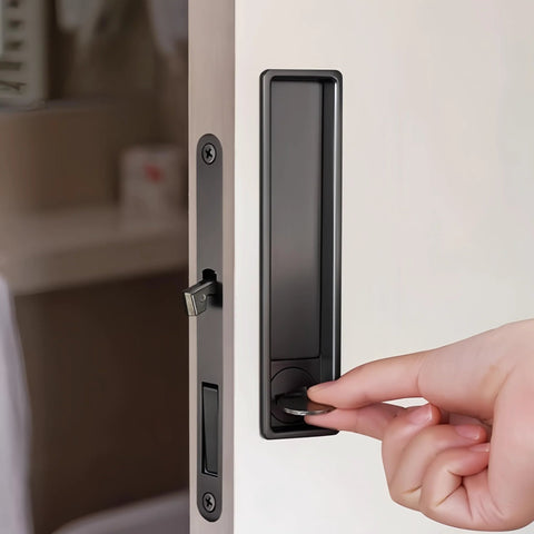 Concealed Edge Pull Pocket Door Lock With Privacy Function For Recessed Sliding Doors Fits Doors With Thickness From One And A Half To Nearly Two Inches Matte Black Rectangle Mortise Lock And Hidden Pull Handle For Seamless Operation