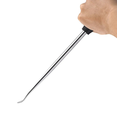 Hand holding 11.5 inch steel spoon from 5-Piece Tire Lever Set With 11.5 Inch Hardened Steel Spoons, Rim Protectors, And Heavy Duty Tire Changing Tools