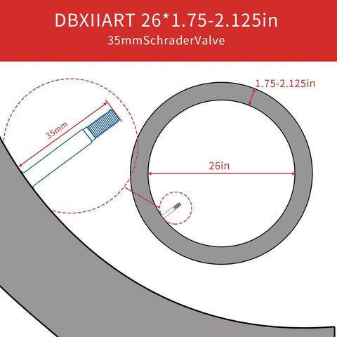 Diagram of 26-inch bike inner tube with Schrader valve, Two Pack Heavy Duty 26 Inch Bike Inner Tubes With Schrader Valve Fits 26x1.75–2.125 Tires
