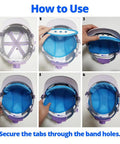 Steps to attach Hard Hat Sweatband Liner With Breathable Air Mesh Cooling Top Pad inside a helmet, showing hand positioning.