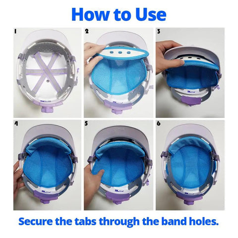 Steps to attach Hard Hat Sweatband Liner With Breathable Air Mesh Cooling Top Pad inside a helmet, showing hand positioning.