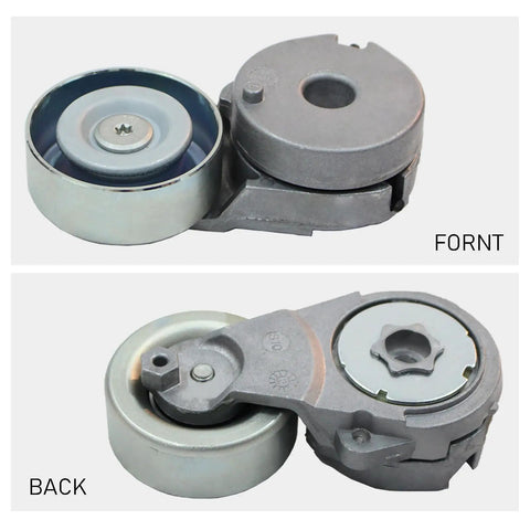 Rev Up Your Ride With Serpentine Drive Belt Tensioner Kit For 2015 To 2018 City Express And 2013 To 2021 NV200 2007 To 2012 Sentra 20 L 4 Dohc Keep Your Car Rolling Smooth Pro Tested Parts front and back view of metal tensioner pulley assembly