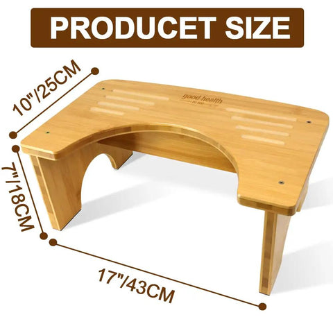 Foldable Bamboo Toilet Stool For Adults, 7.5 Inch Squat Aid with non-slip strip shown in size chart with dimensions.