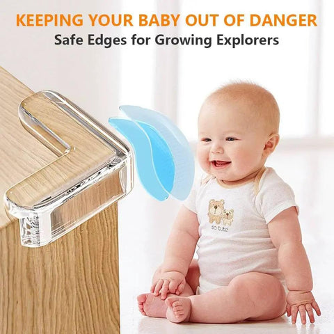 Baby smiling next to a corner with Ten Pack Super Soft Baby Corner Protectors Foolproof Furniture Edge Guards installed.