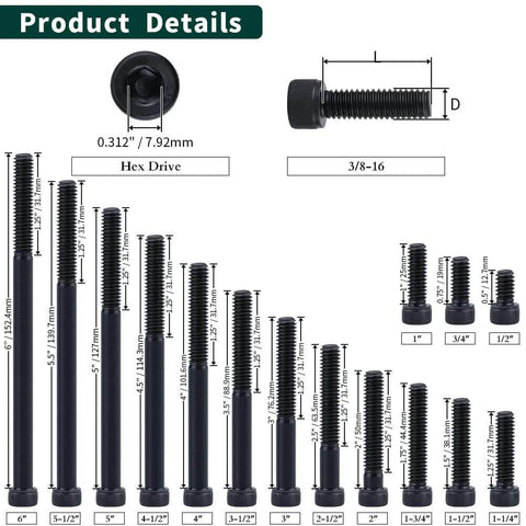 Product details for 3/8-16 X 2 Socket Head Cap Screws Bolts, 12.9 Grade Alloy Steel, Black Oxide Finish, diagram with sizes
