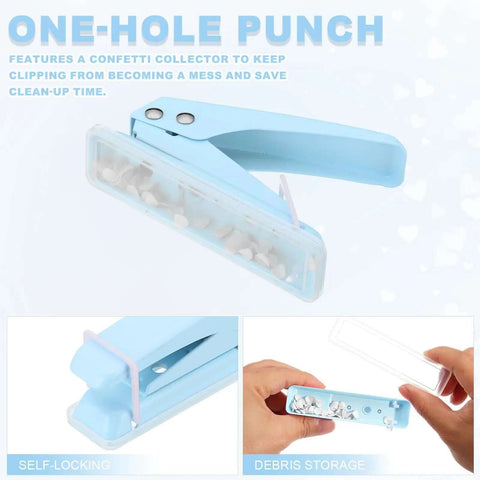 1/4 Inch Hole Punch Handheld Heavy Duty Paper Puncher blue with silicone grip, confetti collector, and debris storage