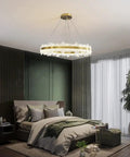 Modern LED Dimmable Pendant Lights With Brushed Gold Ring And Cut Crystal Glass For Dining Area Easy Setup Smooth Touch Control Top Tier Glow Sharp Style Indoor Hanging Fixture in bedroom.
