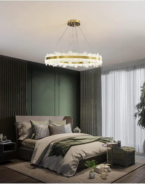 Chic Round Gold LED Pendant Light With Cut Diamond Glass Shade Dimmable Hanging Lamp For Modern Spaces Top Tier Smooth Glow Ceiling Setup Hits Different in bedroom.