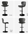 Slick Pair Of Adjustable Swivel Bar Stools With Faux Leather Upholstery, High Back Counter Height Chairs For Kitchen Island, Black, 4 angles