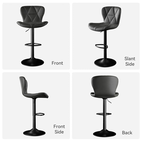 Slick Pair Of Adjustable Swivel Bar Stools With Faux Leather Upholstery, High Back Counter Height Chairs For Kitchen Island, Black, 4 angles