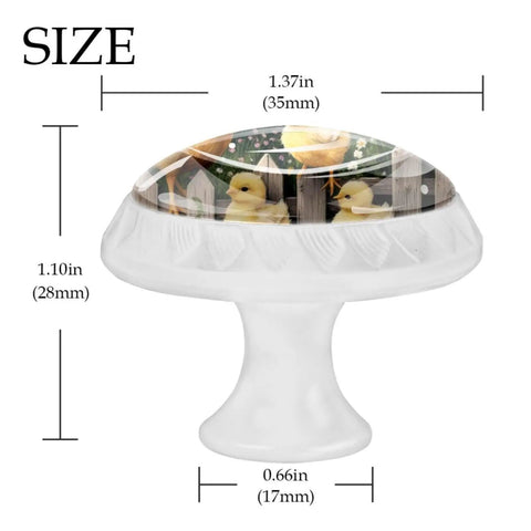 4 Pack White Dresser Knobs Set With Flower And Chicken Fence Patterns, showing ducklings and measurements, 35mm diameter