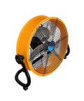 Heavy Duty Industrial Fan With Serious Breeze And Rock Solid Metal Build 45 Degree Tilt Rotary Controls Engineered Tough For Job Sites Or Weekend Garage Hangouts side view with yellow metal body and rotary control.