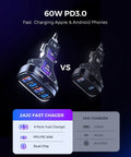Blazing 120W USB C Car Charger With Four Ports And PD 3.0 Quick Charge, showing two charger models with fast charging features.