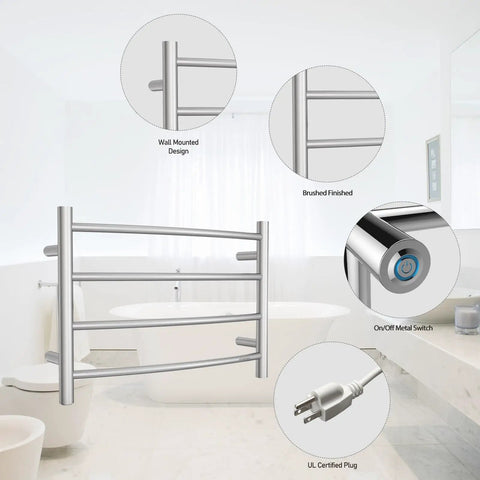 Brushed Nickel Wall Mounted Towel Warmer Rack Electric Stainless Steel Four Curved Bars For Bathroom Plug In 40W ETW29