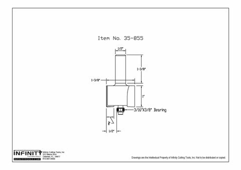 Diagram of One Half Inch Shank Rabbeting Router Bit with Carbide Tip, cutting diameter 1 3/8 inches, height 1 inch.