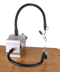 Beefy Flexible Metal Arm Soldering Clamp With Adjustable Multi Angle Stand mounted on workbench, dual arms visible