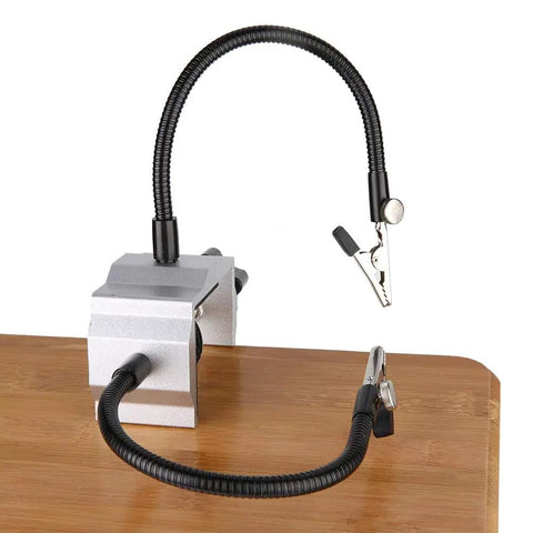 Beefy Flexible Metal Arm Soldering Clamp With Adjustable Multi Angle Stand mounted on workbench, dual arms visible
