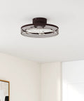 Smart Low Profile Bladeless Ceiling Fan With Lights 19.7 Inch Flush Mount installed in living room, brown finish.