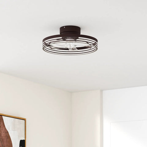 Smart Low Profile Bladeless Ceiling Fan With Lights 19.7 Inch Flush Mount installed in living room, brown finish.