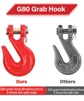 Comparison of red G80 Chain Hook Five Sixteenth Inch Clevis Grab Hooks Pack Of Four Heavy Duty Tow Chain Hooks with G70 grab hook