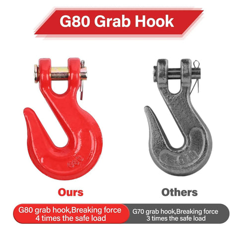 Comparison of red G80 Chain Hook Five Sixteenth Inch Clevis Grab Hooks Pack Of Four Heavy Duty Tow Chain Hooks with G70 grab hook