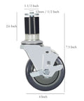 Heavy Duty Prep Table Casters With Locking Brake Set Of Four 4 Inch Expanding Stem Wheels For Commercial Kitchen and Workbench Tube Legs, showing detailed measurements.