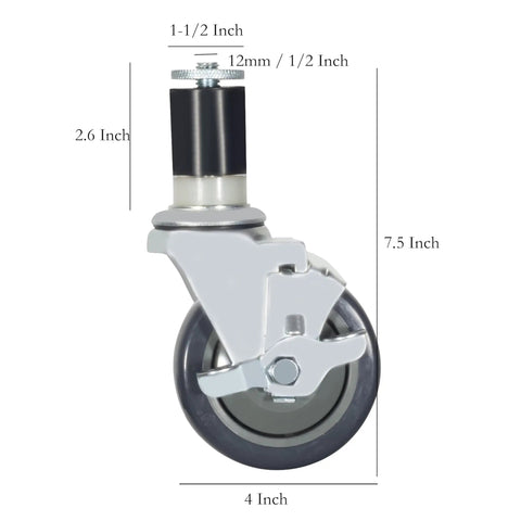 Heavy Duty Prep Table Casters With Locking Brake Set Of Four 4 Inch Expanding Stem Wheels For Commercial Kitchen and Workbench Tube Legs, showing detailed measurements.