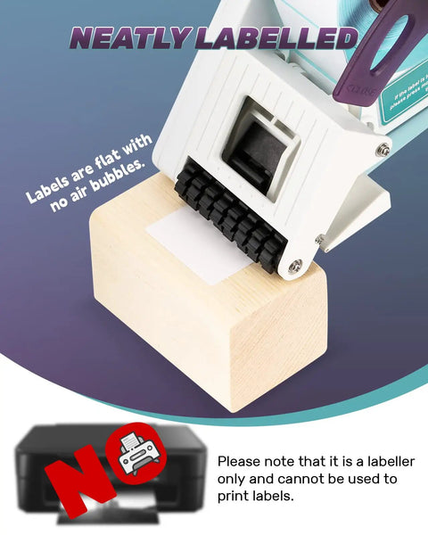 Portable Handheld Label Applicator Gun For Barcodes And Stickers applied label flat with no air bubbles on a wooden block.