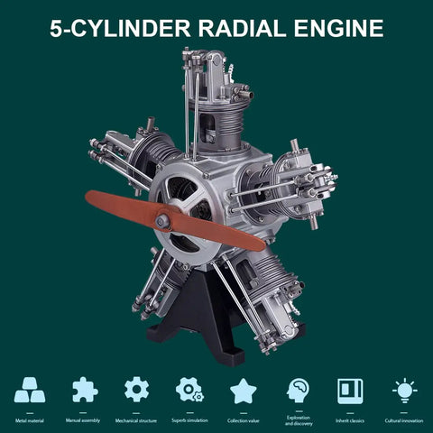 Hands-On 1:6 Five-Cylinder Radial Aircraft Engine Model Kit Premium Metal DIY Electric Engine With 250+ Parts Build Your Own Realistic Airplane Engine For Science Education And Teens, 5-cylinder radial engine display