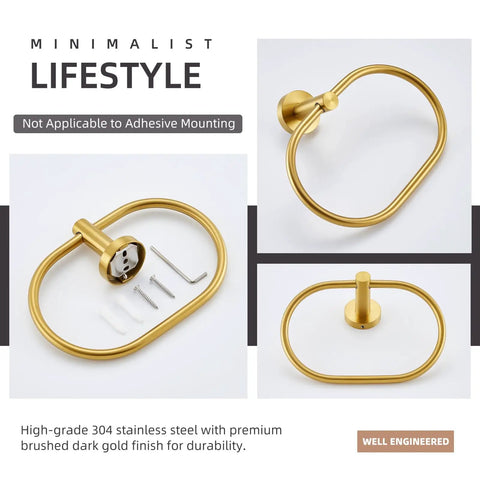 Slick Brushed Dark Gold Towel Ring With Swivel Hand Towel Holder SUS 304 Stainless Steel Wall Mounted Bathroom Accessory In Rich Gold Tone Durable Rust Resistant For Long Lasting Style And Easy Access displayed with mounting hardware.