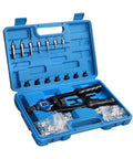 Super Handy Hand Rivet Nut Tool With Long Levers And Quick Swap Heads Plus A Full 110 Piece Kit Of Metric Rivets From M3 To M12 For Any Cool DIY Garage Upgrade Or Serious Auto Repair Job Today blue case with rivet tool and assorted metric heads