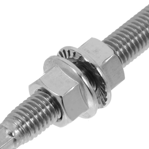 Close-up of Stainless Steel Solar Mounting Hanger Bolts Heavy Duty Fasteners for securing roof panels and gates.