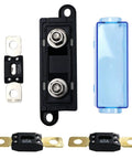 Rock Solid ANM Bolt On Fuse Holder Block 60 Amp Rated 12 To 48 Volt DC Circuit Protector with two 60A fuses and a clear cover.