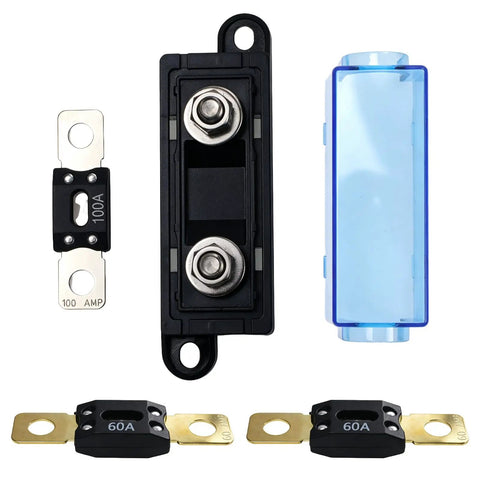 Rock Solid ANM Bolt On Fuse Holder Block 60 Amp Rated 12 To 48 Volt DC Circuit Protector with two 60A fuses and a clear cover.