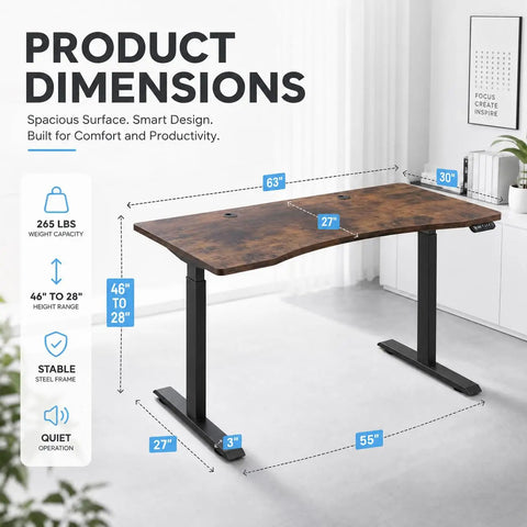 63 By 30 Inch Heavy Duty Dual Motor Electric Standing Desk Slick Curve Top Rock Solid Height Adjustable Sit Stand Workstation dimensions with labels.