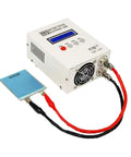 A20 Pro Grade Battery Capacity Tester for Lithium and Lead Acid Cells With 4-Wire Test LCD Display for Voltage, Current, Capacity, Time, and Power, USB TTL Computer Connection, Ultra-Precise Monitoring. Bench battery tester with red and black leads.