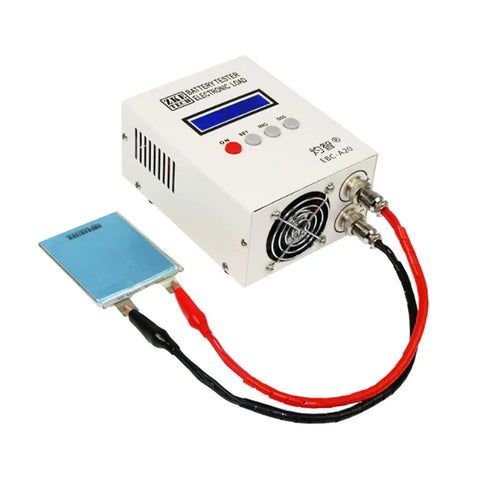 A20 Pro Grade Battery Capacity Tester for Lithium and Lead Acid Cells With 4-Wire Test LCD Display for Voltage, Current, Capacity, Time, and Power, USB TTL Computer Connection, Ultra-Precise Monitoring. Bench battery tester with red and black leads.