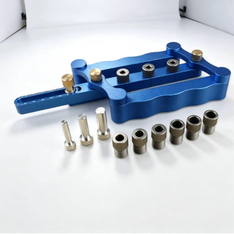 Straight Up Precision Drill Guide Jig And Router Alignment Tool For Woodworking with blue aluminum frame and tight fit pins.