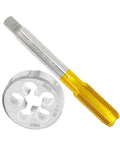 Heavy Duty 40 Piece Stainless Steel Tap And Die Set For Threading Metal, Cast Iron, And Low Steel. Tap and die close-up.
