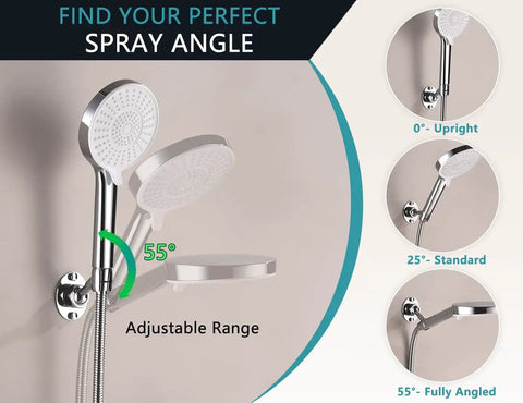 Adjustable Solid Brass Shower Head Holder Wall Mount That Is Built To Last, Rustproof, Heavy Duty Bracket For Any Shower, Dope Bathroom Upgrade, No Plastic, Durable And Corrosion Resistant, chrome finish, 55° angle