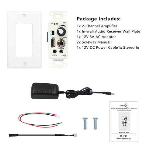 In Wall Bluetooth Audio Amplifier Receiver for 2 Channel Wall Plate With USB Mic Input and 3.5mm Aux, 120W Power, Dope Wireless Music Streaming for Home Theater And Sound System Setup, wall plate kit and power adapter
