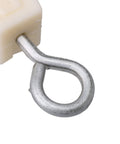Close-up of metal hook and nylon component from White Lightweight 8mm Single Sheave Lift Pulley For Chicken Poultry Farms Pack Of 10