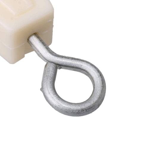 Close-up of metal hook and nylon component from White Lightweight 8mm Single Sheave Lift Pulley For Chicken Poultry Farms Pack Of 10