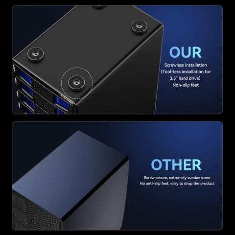 No Sweat Storage Beast 10 Bay Aluminum Desktop Raid Enclosure With Active Cooling Fan, showing non-slip feet and tool-less installation.
