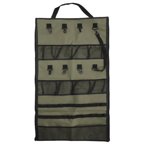 Hanging Travel Toiletry Bag For Camping And Travel, 600D Oxford with 8 hooks, mesh pockets, and loops, displayed flat.